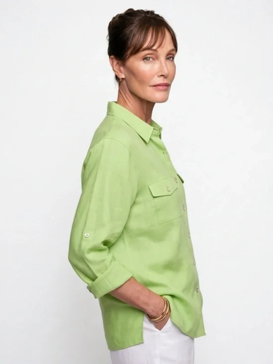 Studio Works Bright Lime Green Collared Linen Top - Picture 1 of 6